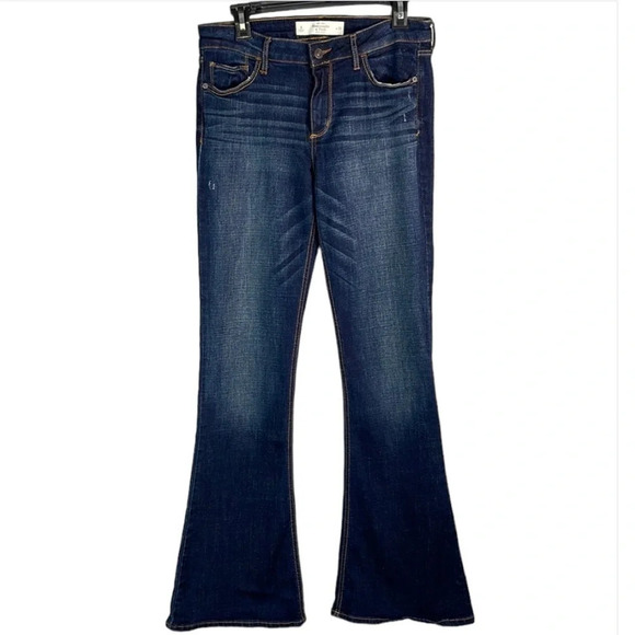 ABERCROMBIE & FITCH Flare Jeans Blue Dark Wash Distressed Mid Rise Y2K Size 8 - Picture 2 of 11